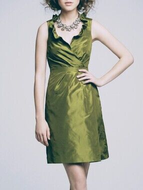 J. Crew Olive Green Silk Faux Wrap Dress NEW Ruffle Wedding Guest Cocktail 10